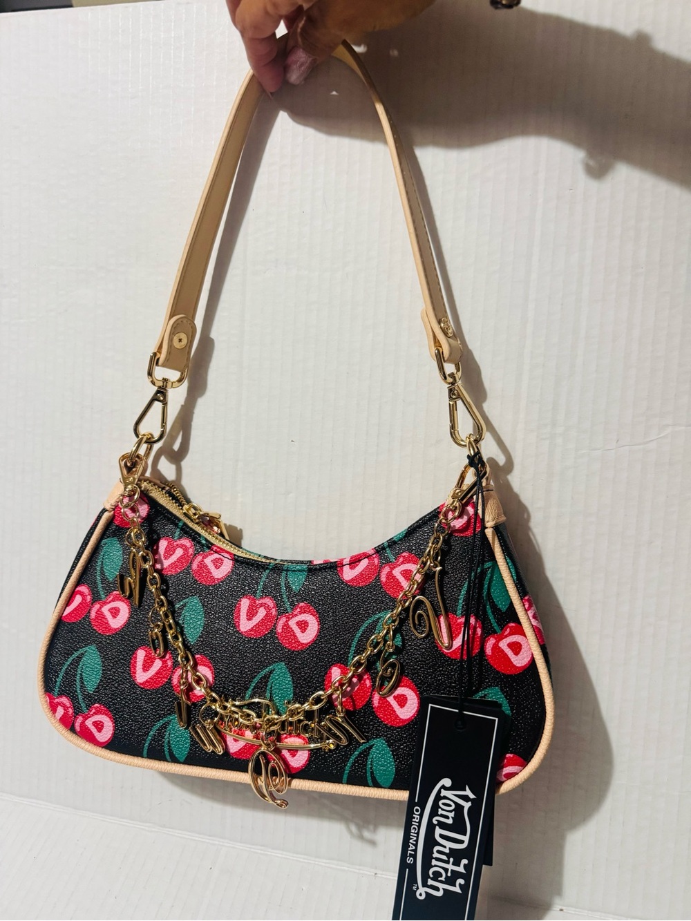Von Dutch Black Cherry Print Shoulder Bag with Gold chain BNWT